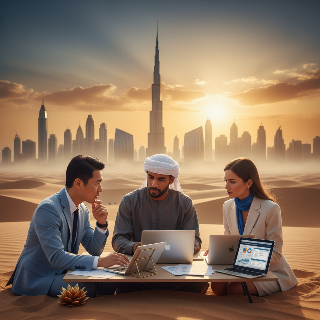 Business professionals meeting in desert with Dubai skyline